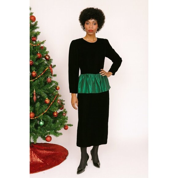 vintage 80s BLACK GREEN VELVET DRESS holiday christmas midi party handmade S - Picture 1 of 7